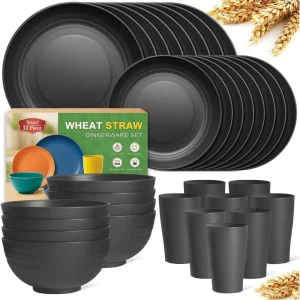 Unbreakable 8-Person Plastic Dinnerware Set with 32 Pieces - Black, Ideal for Apartments and Camping