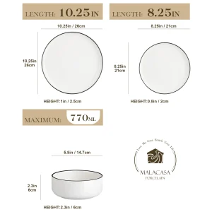 MALACASA 12/24 Piece Black Rim Ceramic Porcelain Dinnerware Set with 4/8 Pcs Dinner/Dessert Plates/Bowl Tableware Set for 4